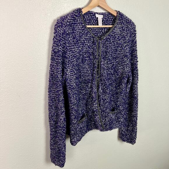 Chico's Tweed Boucle Fringe Wool Blend Purple Blazer Cardigan Jacket Chico's 2 - Picture 2 of 9